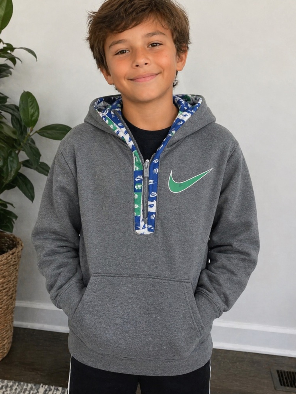 Nike Gray Hoodie with Green Swoosh and Blue Trim